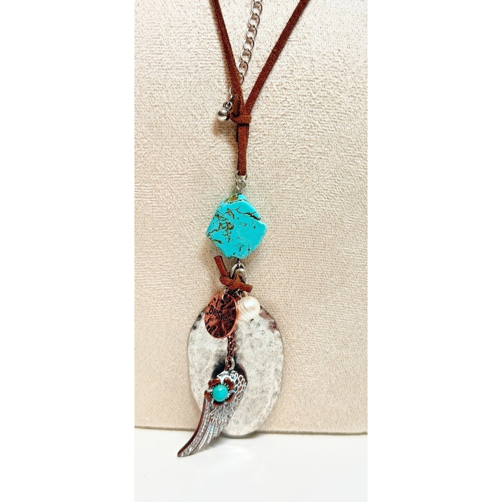 Long Boho Natural Stone Wing Blessed Charm Suede Cord Necklace